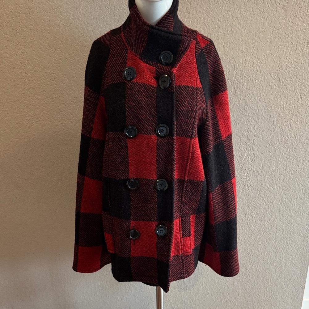 Tally 100%Wool Women's buffalo plaid Red and Black‎ Plaid Peacoat size large